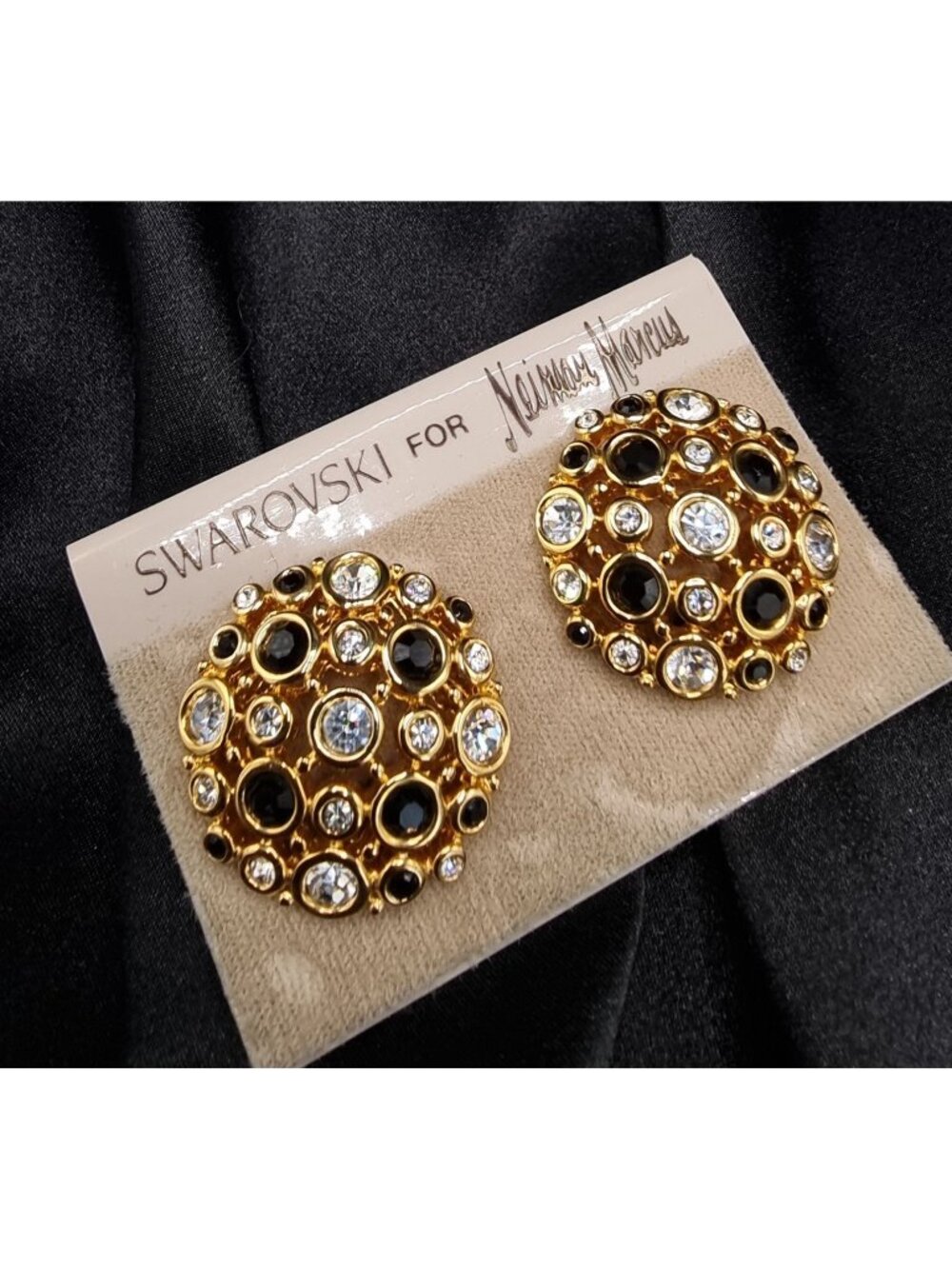 Swarovski For Neiman Marcus Vintage Gold & Crystal Cluster Clip-On Earrings 1990